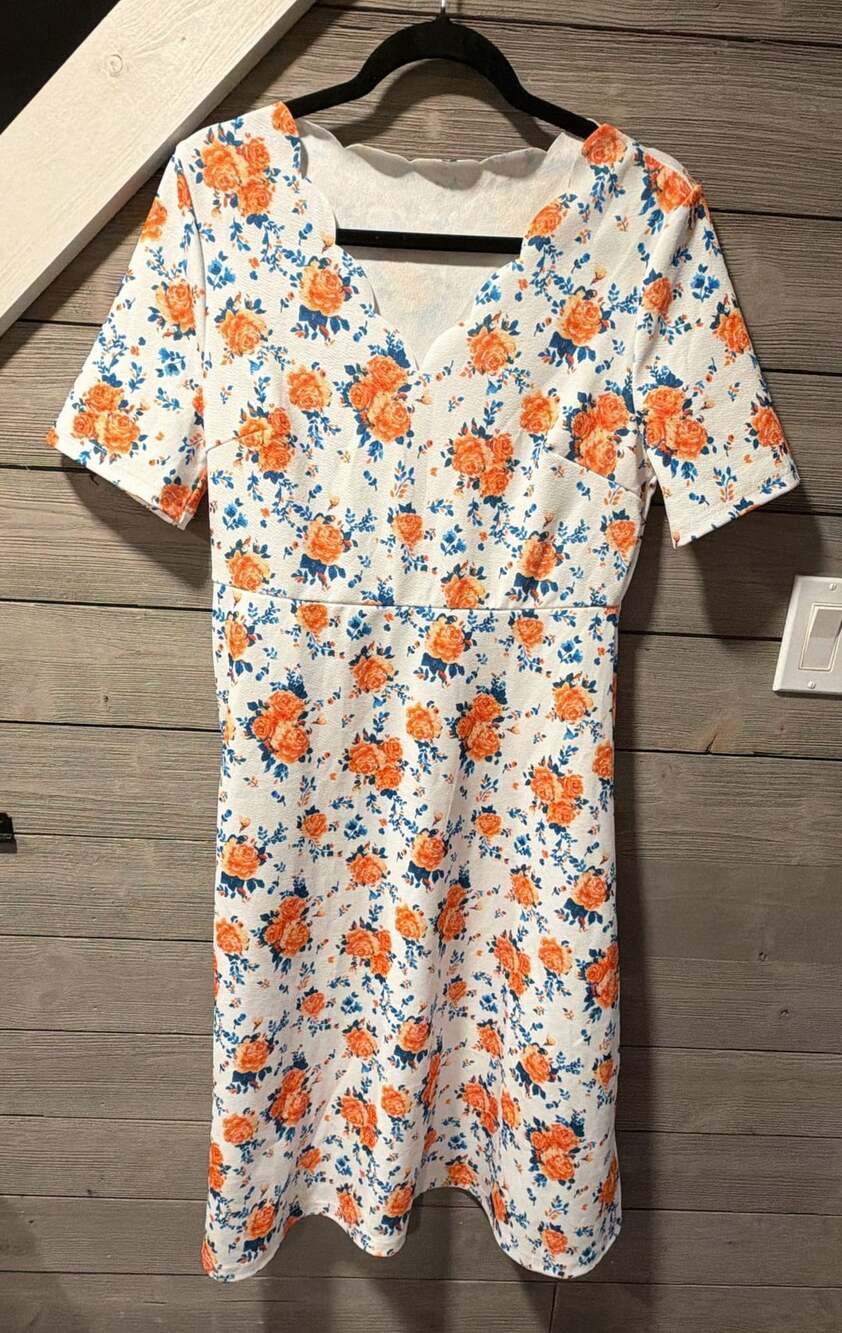 SHEIN Floral A-Line Dress Size L White Orange Scalloped Neck